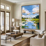 Modern Blue Lake Landscape Painting Large Pond Oil Painting Blue Green Texture Abstract Wall Art