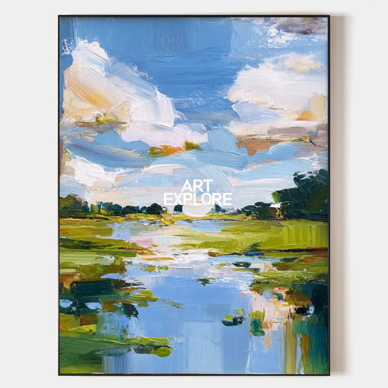 Modern Blue Lake Landscape Painting Large Pond Oil Painting Blue Green Texture Abstract Wall Art