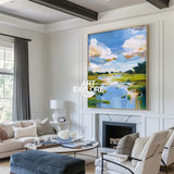 Modern Blue Lake Landscape Painting Large Pond Oil Painting Blue Green Texture Abstract Wall Art