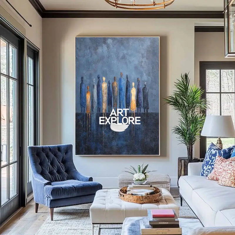 Modern Blue Abstract People Painting – Large Wall Decor for Lounge, Office, or Luxury Minimalist Homes