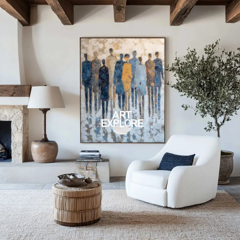 Minimal Blue Boho Art for Large Spaces – Textured Abstract Painting Ideal for Modern Home Wall Decoration