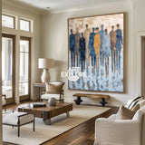 Modern Boho Wall Art for Large Space – Abstract Blue and Beige Canvas Painting with Rich Texture for Minimal Decor