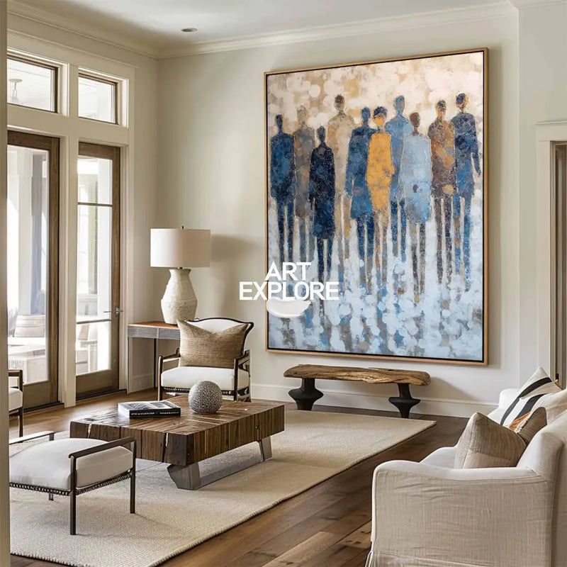 Modern Boho Wall Art for Large Space – Abstract Blue and Beige Canvas Painting with Rich Texture for Minimal Decor