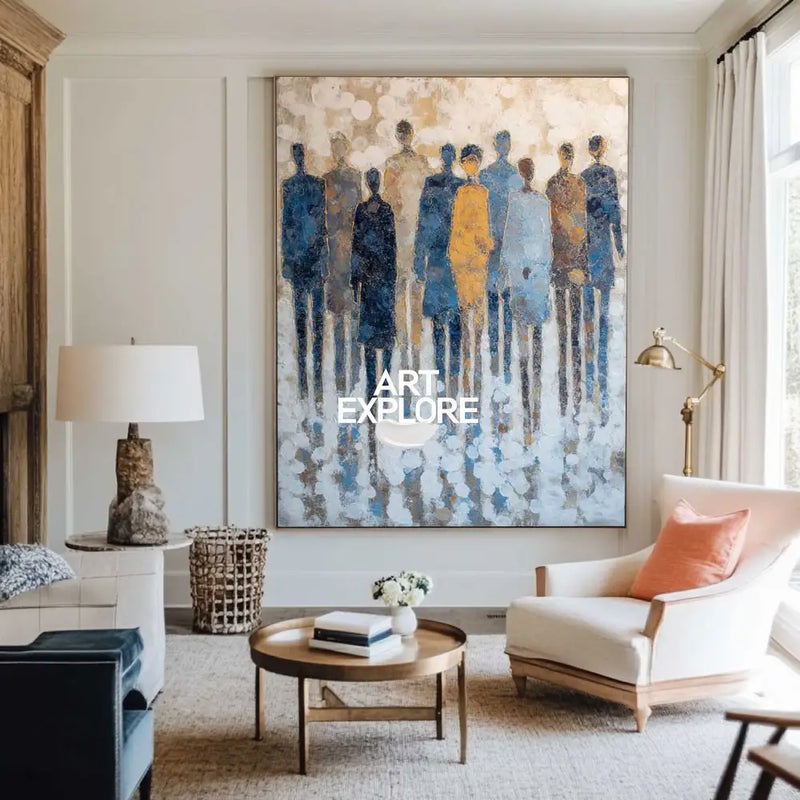 Large Contemporary Abstract Artwork – Blue Beige Minimalist Canvas for Hallway, Lounge, Office & Bedroom Wall Decor