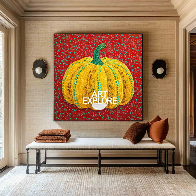 Modern Bold Color Pumpkin Wall Art Yayoi Kusama Painting, Large Pumpkin Painting for Living Room