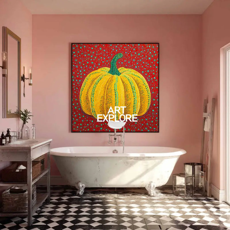 Modern Bold Color Pumpkin Wall Art Yayoi Kusama Painting, Large Pumpkin Painting for Bathroom