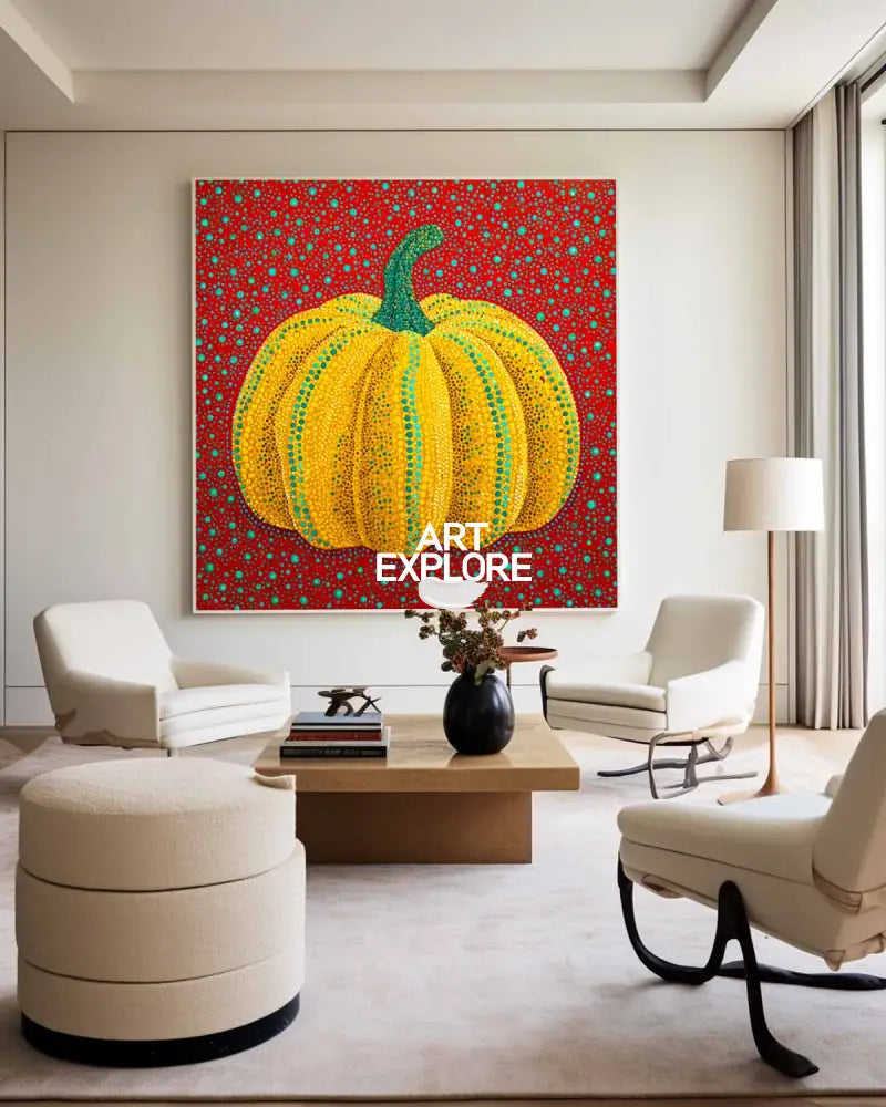 Modern Bold Color Pumpkin Wall Art Yayoi Kusama Painting, Large Pumpkin Painting for Living Room