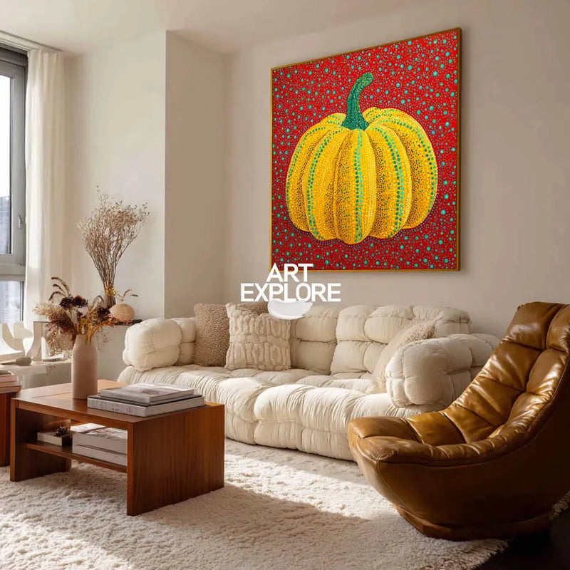 Modern Bold Color Pumpkin Wall Art Yayoi Kusama Painting, Large Pumpkin Painting for Living Room, ArtExplore