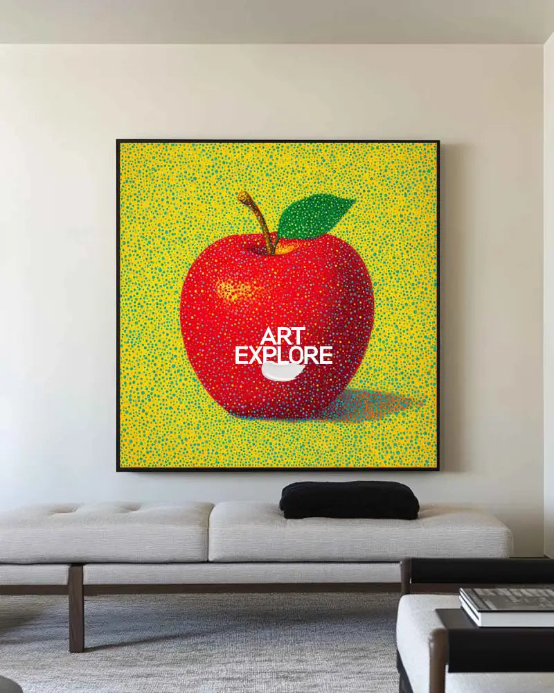 ArtExplore Modern Apple Painting – Bold Handmade Wall Art for Large Living Spaces, Vibrant Red and Yellow Pop Art