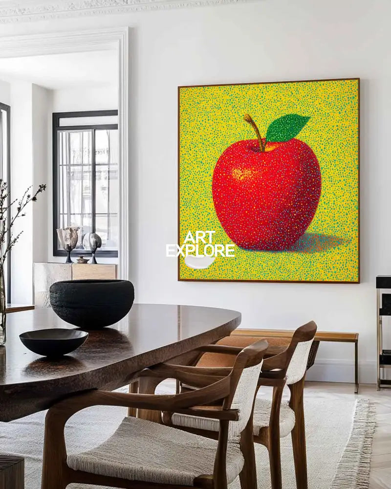 ArtExplore Modern Apple Painting – Bold Handmade Wall Art for Large Living Spaces, Vibrant Red and Yellow Pop Art