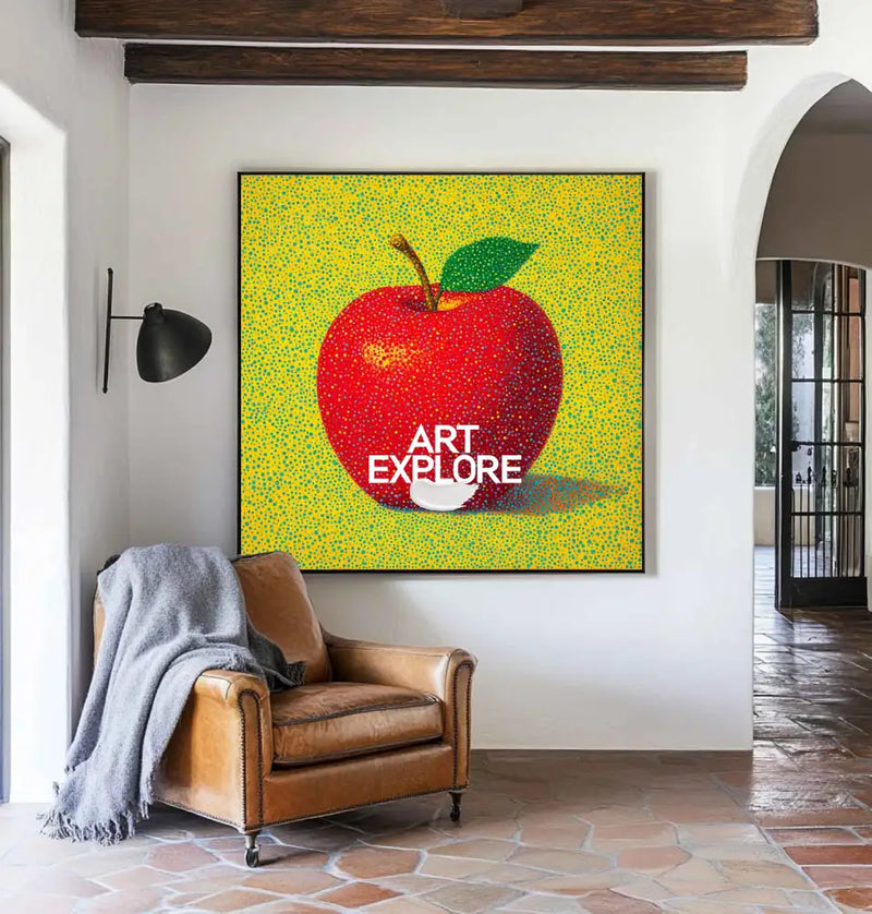 ArtExplore Modern Apple Painting – Bold Handmade Wall Art for Large Living Spaces, Vibrant Red and Yellow Pop Art