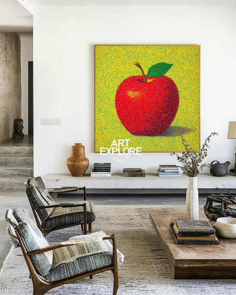 ArtExplore Modern Apple Painting – Bold Handmade Wall Art for Large Living Spaces, Vibrant Red and Yellow Pop Art