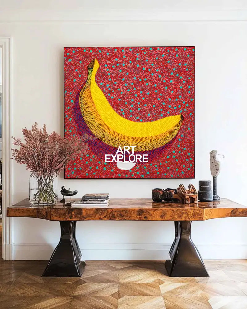 ArtExplore Pop Art Banana Painting – Bold Handmade Yayoi Kusama Wall Art Large Living Room Wall Art