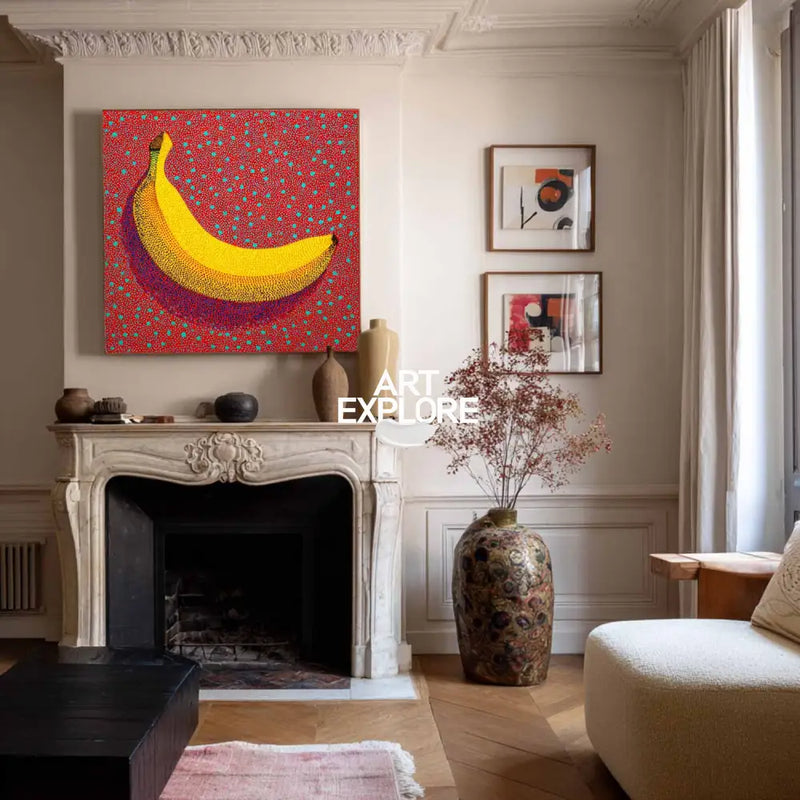 ArtExplore Pop Art Banana Painting – Bold Handmade Yayoi Kusama Wall Art Large Fireplace Wall Art
