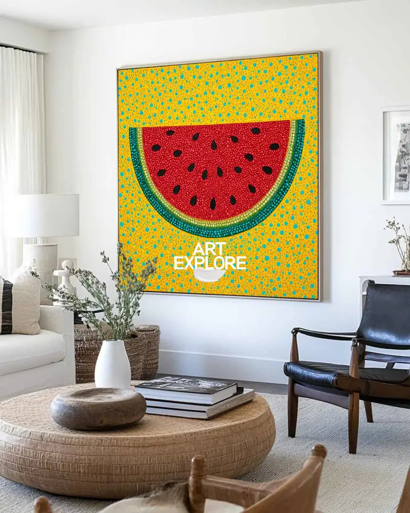 Modern Pop Art Watermelon Painting Handmade Fruit Wall Art Bright Yellow Red Artwork for Lounge