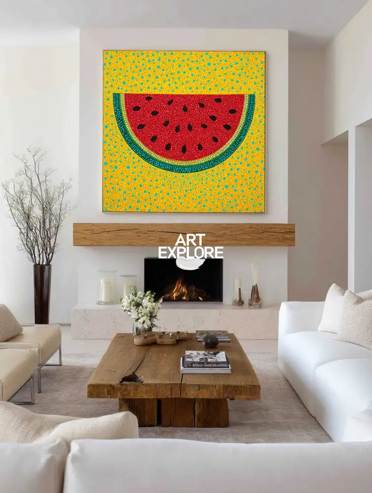 Modern Pop Art Watermelon Painting Handmade Fruit Wall Art Bright Yellow Red Artwork for Fireplace