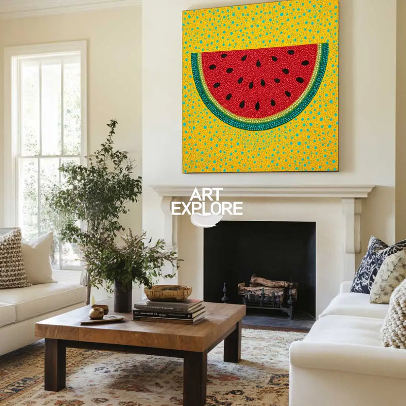 Modern Pop Art Watermelon Painting Handmade Fruit Wall Art Bright Yellow Red Artwork for Living Space