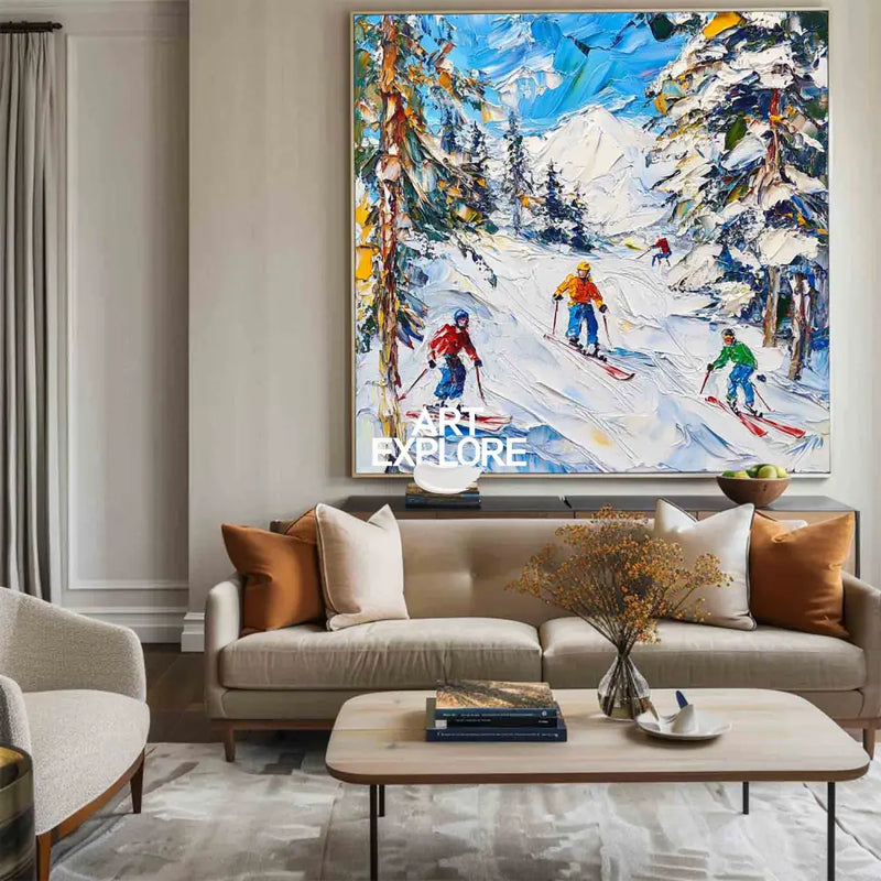 Skiing Canvas Painting Large Mountain Skiing Wall Art Modern Snow Art Large Painting For Livingroom
