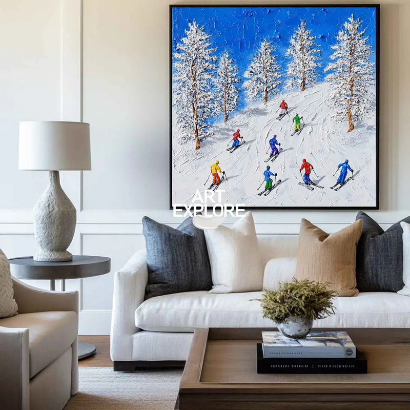 Skiing Canvas Painting Winter Wall Art Modern Snow Wall Art Framed White Painting For Livingroom