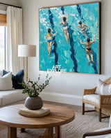 Blue Swimming Painting Swimming Girl Textured Wall Art Modern Sport Textured Painting For Hallway