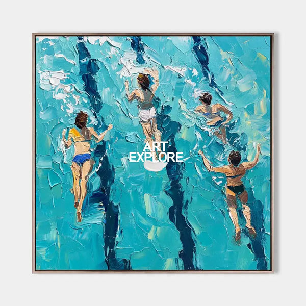 Blue Swimming Painting Swimming Girl Textured Wall Art Modern Sport Textured Painting For Hallway