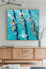 Blue Swimming Painting Swimming Girl Textured Wall Art Modern Sport Textured Painting For Hallway