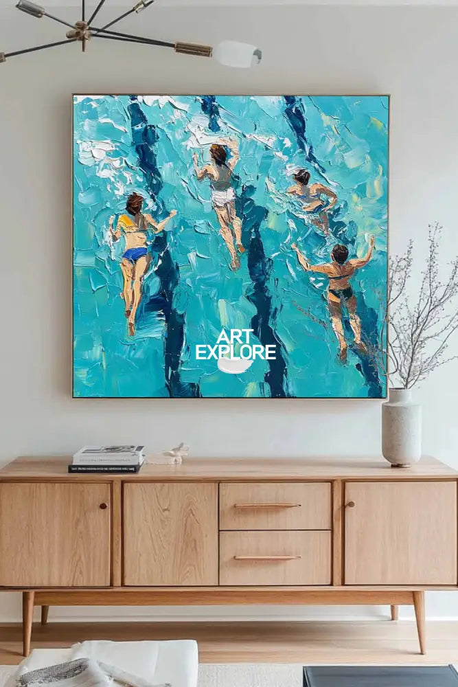 Blue Swimming Painting Swimming Girl Textured Wall Art Modern Sport Textured Painting For Hallway