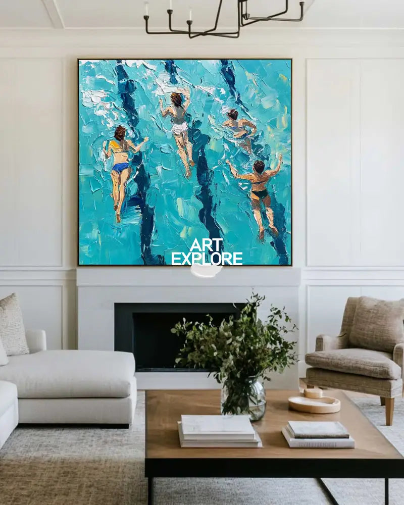 Blue Swimming Painting Swimming Girl Textured Wall Art Modern Sport Textured Painting For Hallway
