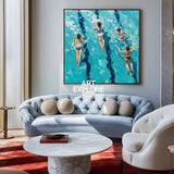 Blue Swimming Painting Swimming Girl Textured Wall Art Modern Sport Textured Painting For Hallway
