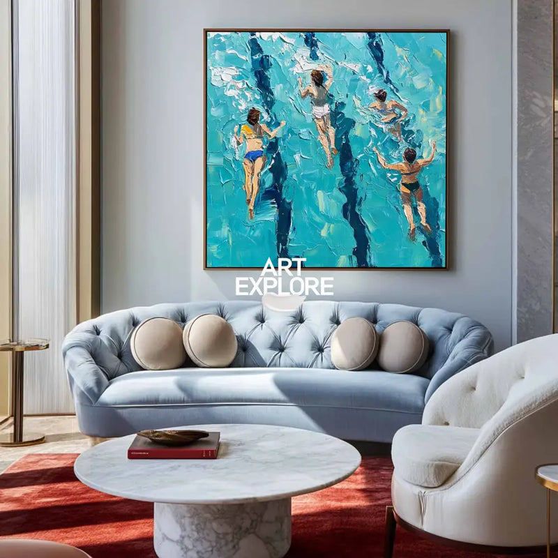 Blue Swimming Painting Swimming Girl Textured Wall Art Modern Sport Textured Painting For Hallway