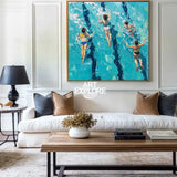 Blue Swimming Painting Swimming Girl Textured Wall Art Modern Sport Textured Painting For Hallway
