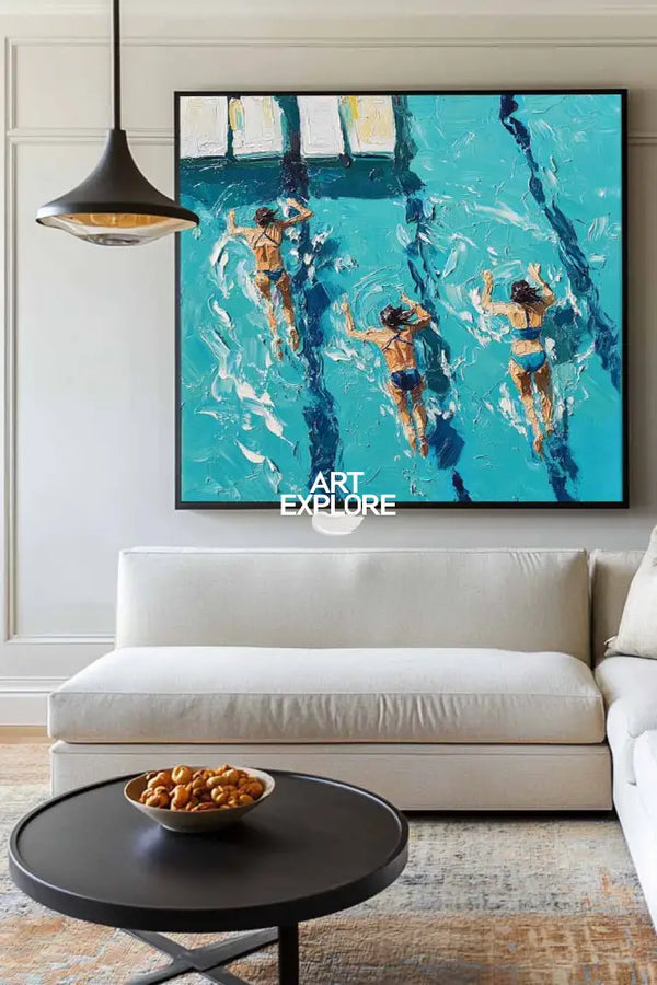 Large Swimming Painting Blue Swimming Textured Wall Art Modern Sport Painting For Sale