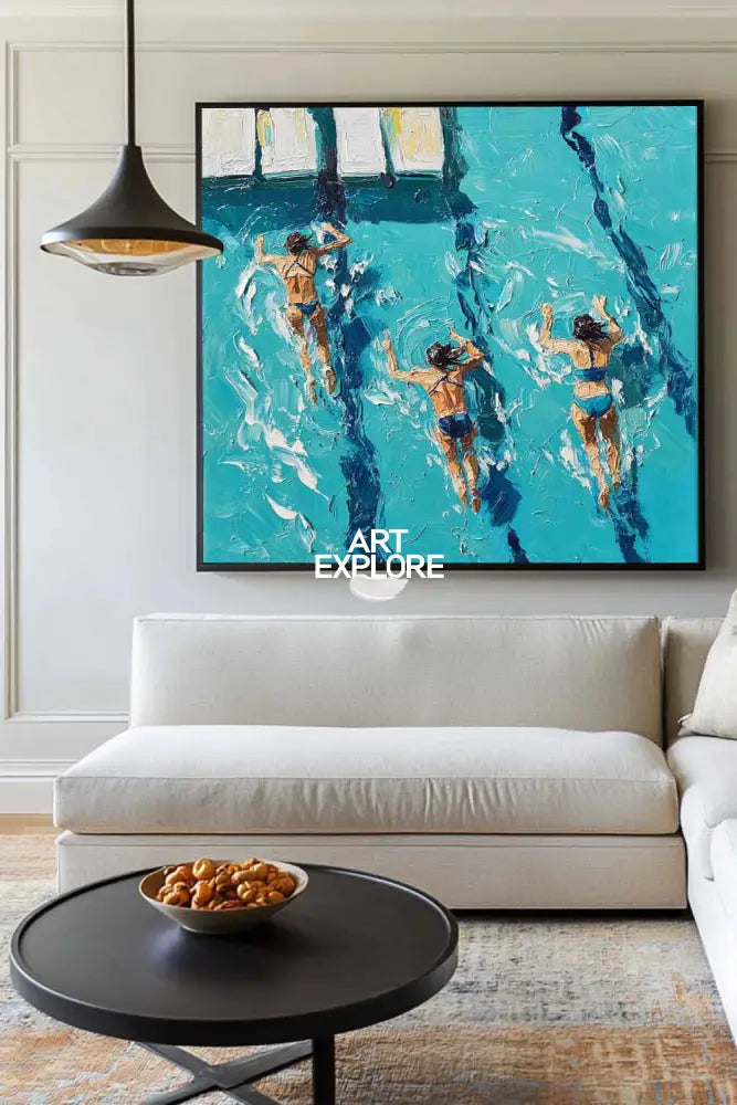 Large Swimming Painting Blue Swimming Textured Wall Art Modern Sport Painting For Sale