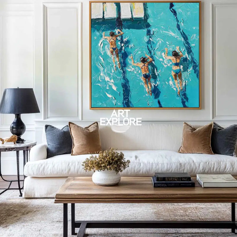Large Swimming Painting Blue Swimming Textured Wall Art Modern Sport Painting For Sale