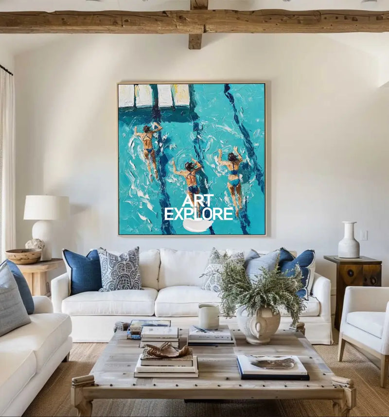 Large Swimming Painting Blue Swimming Textured Wall Art Modern Sport Painting For Sale
