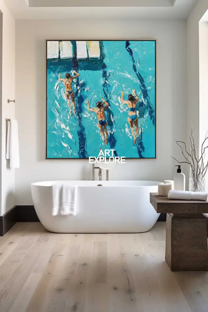 Large Swimming Painting Blue Swimming Textured Wall Art Modern Sport Painting For Sale