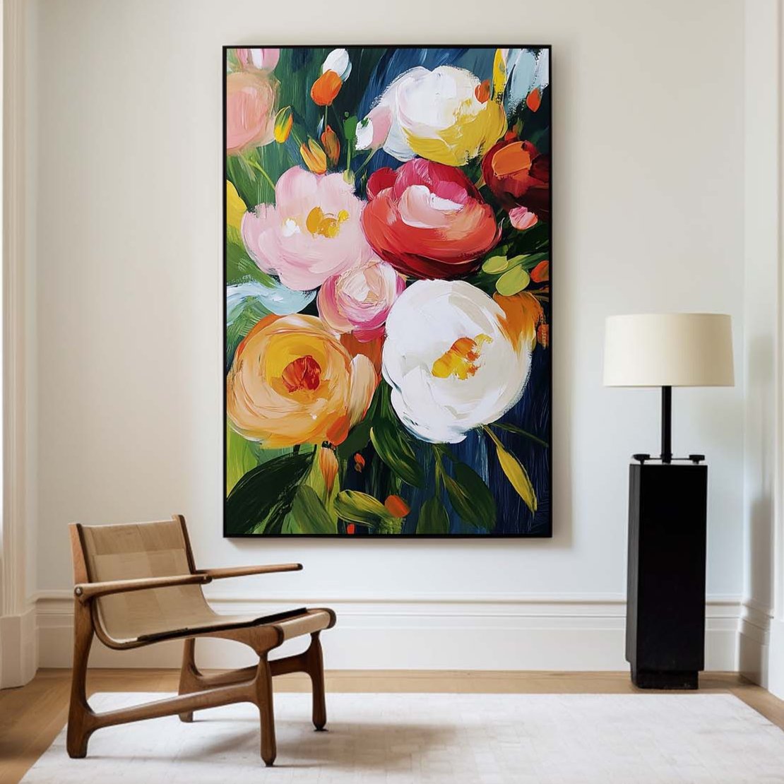 Modern Colorful Flowers Painting Bauhaus Wall Art Rich Textured Flowers Artworks Canvas Art for Livingroom