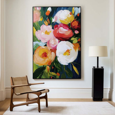 Modern Colorful Flowers Painting Bauhaus Wall Art Rich Textured Flowers Artworks Canvas Art for Livingroom