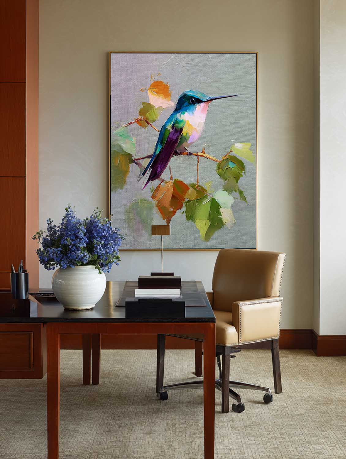 Modern Blue Hummingbird Canvas Painting | Vertical Nature Still Life | ArtExplore