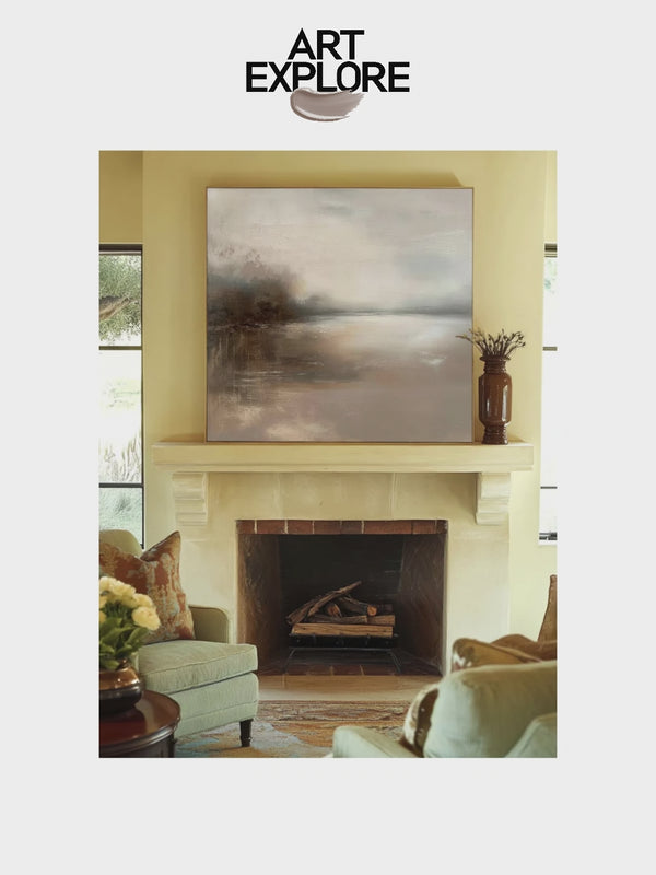 Dark Beige Lake View Painting Modern Landscape Canvas Painting Large Art For Livingroom