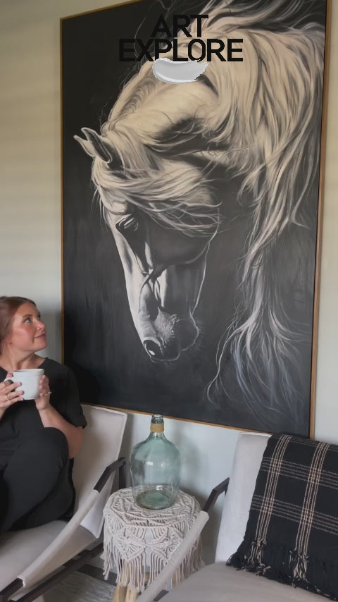 Black Horse Oil Painting Wild Horse Portrait Art Painting Black Steed Painting