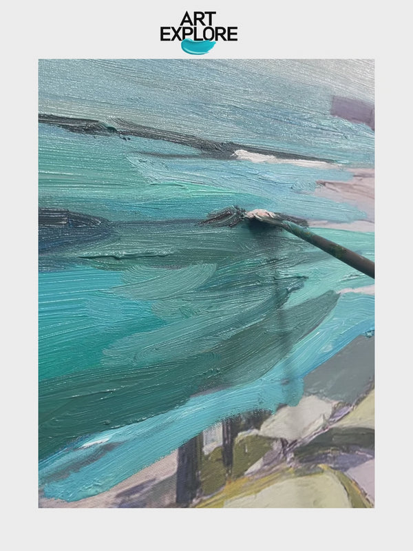 Blue Coastal Wall Art Large Blue Abstract Coastal Landscape Oil Painting For Living Room, ArtExplore