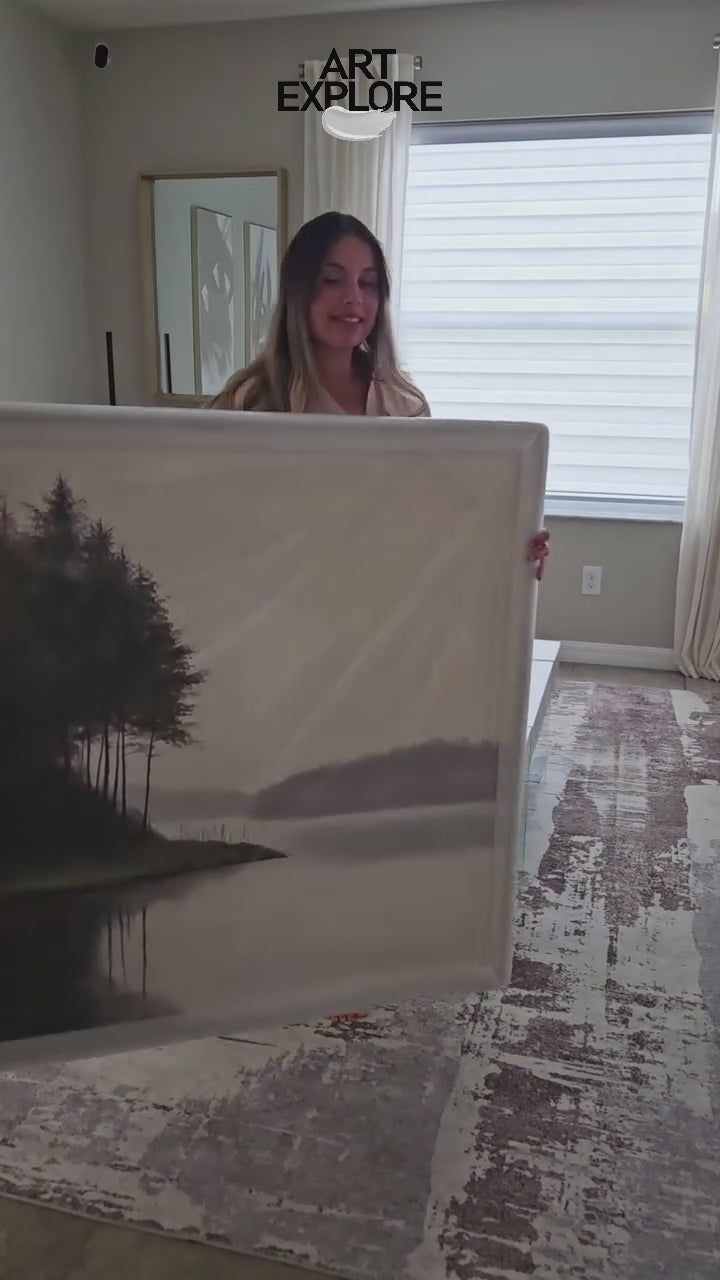 Large Lake Scenery Painting Textured Landscape Lake Canvas Wall Art Black White Painting For Sale