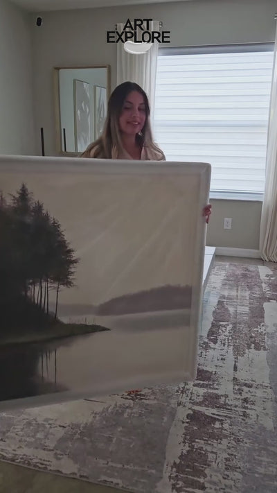 Large Lake Scenery Painting Textured Landscape Lake Canvas Wall Art Black White Painting For Sale