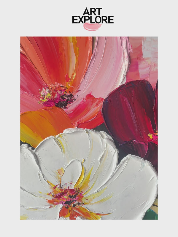Bold Colorful Flower Art for Living Room, Lounge, Hotel Decor | Handmade Texture | ArtExplore