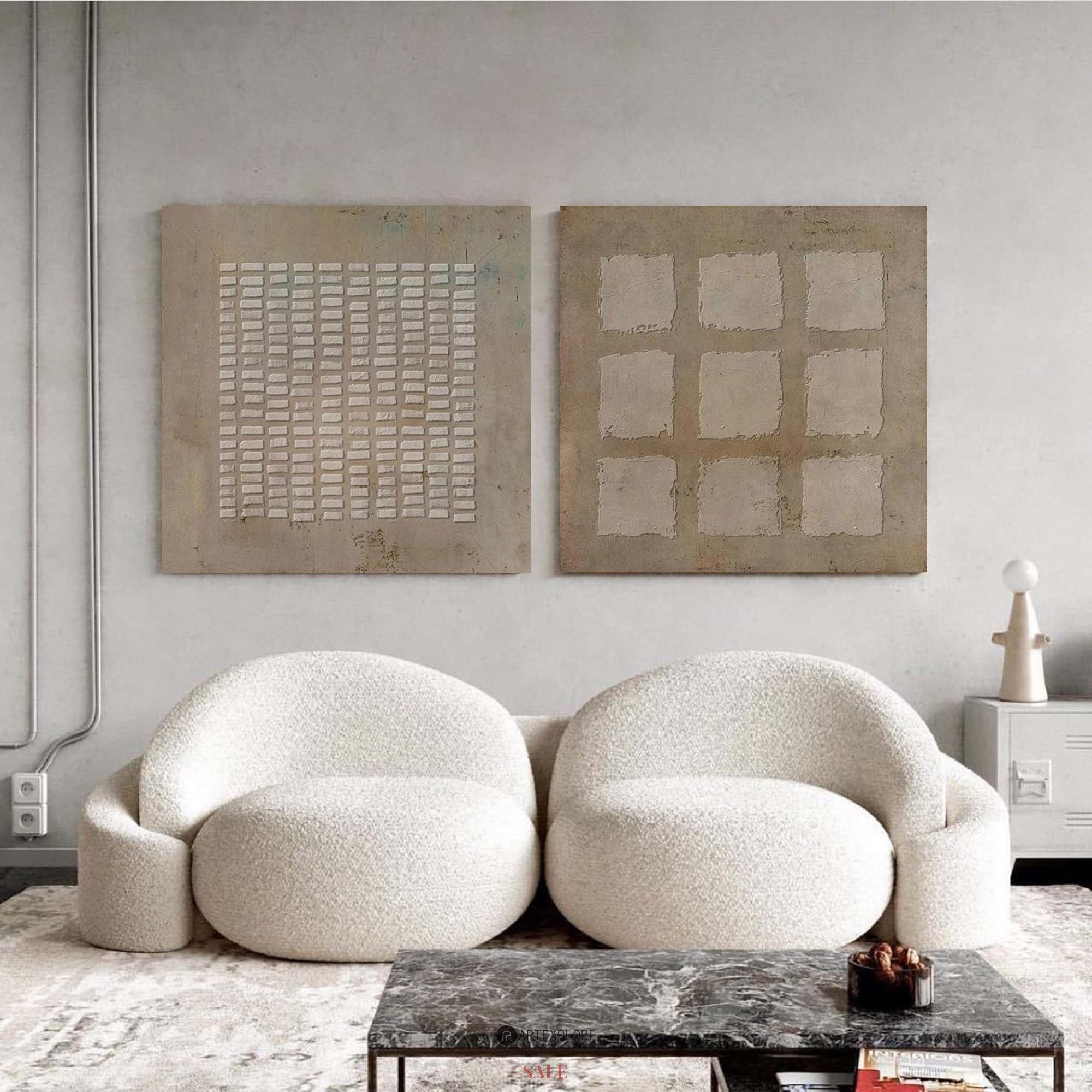 Wabi-Sabi Diptych Plaster Painting Set of 2 Brown abstract art 2 piece minimalist painting