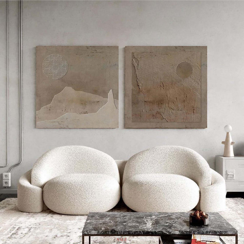 Wabi-Sabi Brown Plaster Painting Abstract Art 2 Pieces Minimalist Painting Set of 2 Plaster Painting