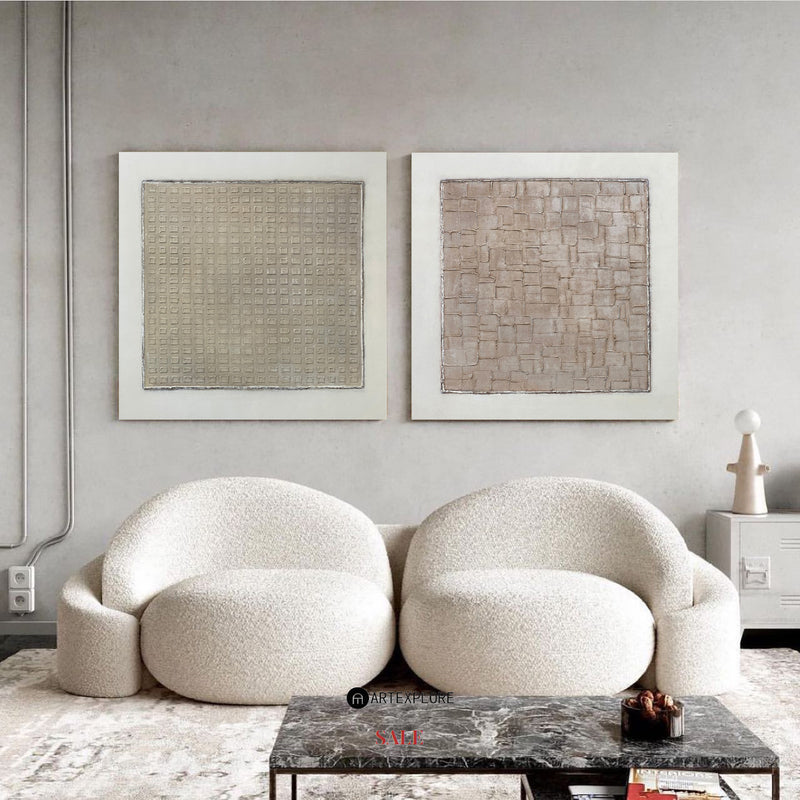 Wabi-sabi Beige Minimalist Art Set of 2 Beige Texture Art Square Minimalist Art For Livingroom