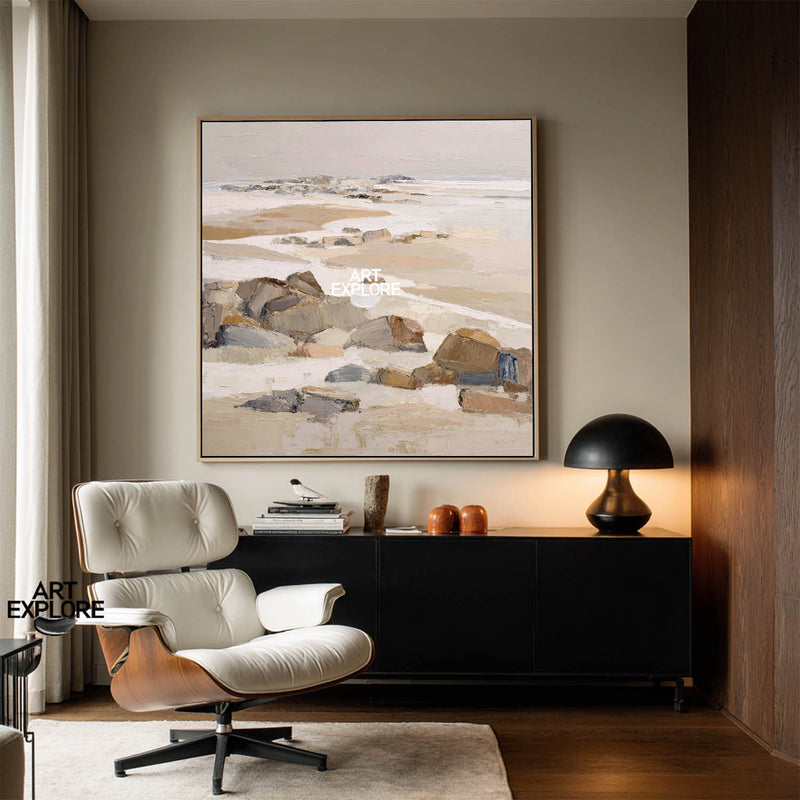 quare Brown Rock Landscape Art | Handmade Textured Canvas for Home or SOHO