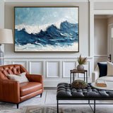 Navy Blue Ocean Wave Painting Rich Plaster Textured Wall Art Blue Ocean Painting Lvingroom Wall Art